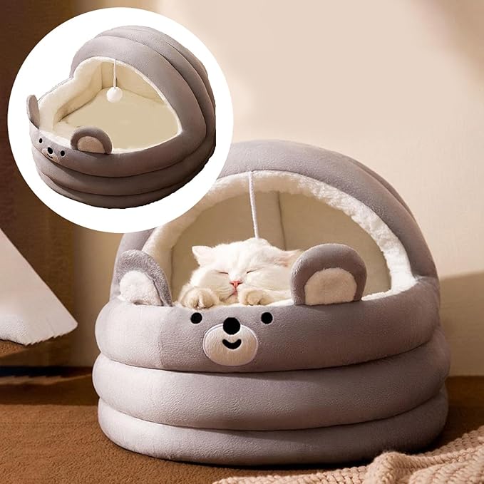 Cat Bed for Indoor Cats, Dog Bed with Anti-Slip Bottom, Rabbit-Shaped Cat/Small Dog Cave with Hanging Toy, Puppy Beds with Removable Cotton Pad, Super Soft Calming Pet Sofa Bed (Gray, Large)