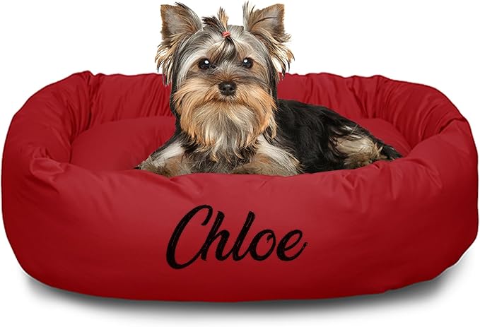 Majestic Pet Personalized 24 Inch Round Calming Dog Bed - Washable, Soft Donut Dog Bed with Spine Support, 24x19x7 Inch, Small - Red