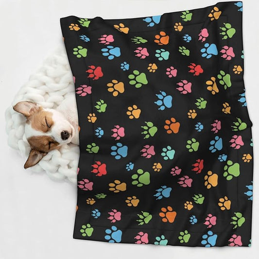 Two Sided Plush Pet Blanket for Crates Carriers Home Use, Pink Red Blue Green Dog Pug Paws, Reversible Throw with Cozy Dot Fabric and Silky Reverse for Small Large Pets