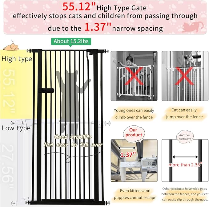 Lumizone Extra Tall Cat Gate 55.12" High Pressure Mounted Extra Wide 2025 New (17 Sizes) 1.37" Gap No Drilling Auto-Close One-Handed Operation Tall Pet Gate for Dogs(Black, 55.12" H x 26.18"-29.91" W)