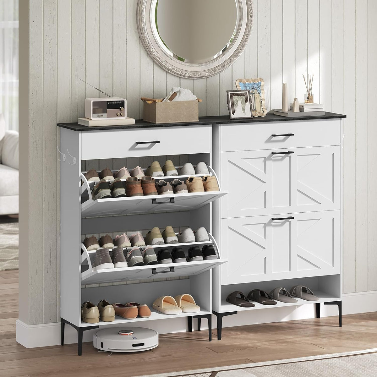 MAHANCRIS Shoe Cabinet with 2 Flip Drawers, Farmhouse Shoe Storage Cabinet for Entryway, Freestanding Narrow Shoe Organizer Cabinet with Adjustable Shelves for Entrance, Black and White SHBB20201