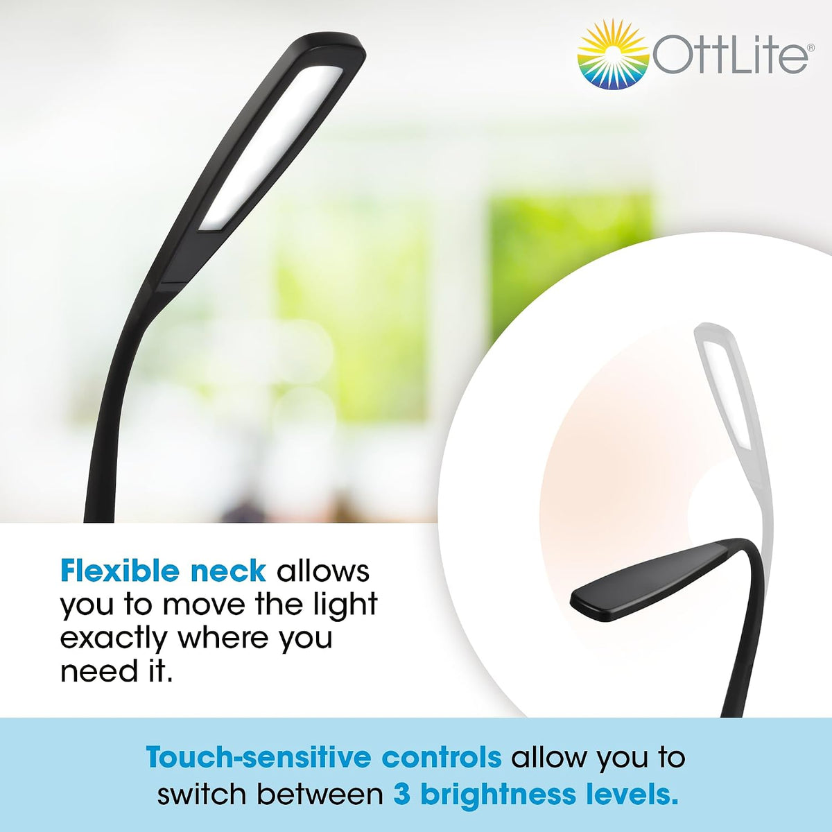 OttLite LED Desk Lamp with Flexible Neck, 3 Brightness Settings, Black