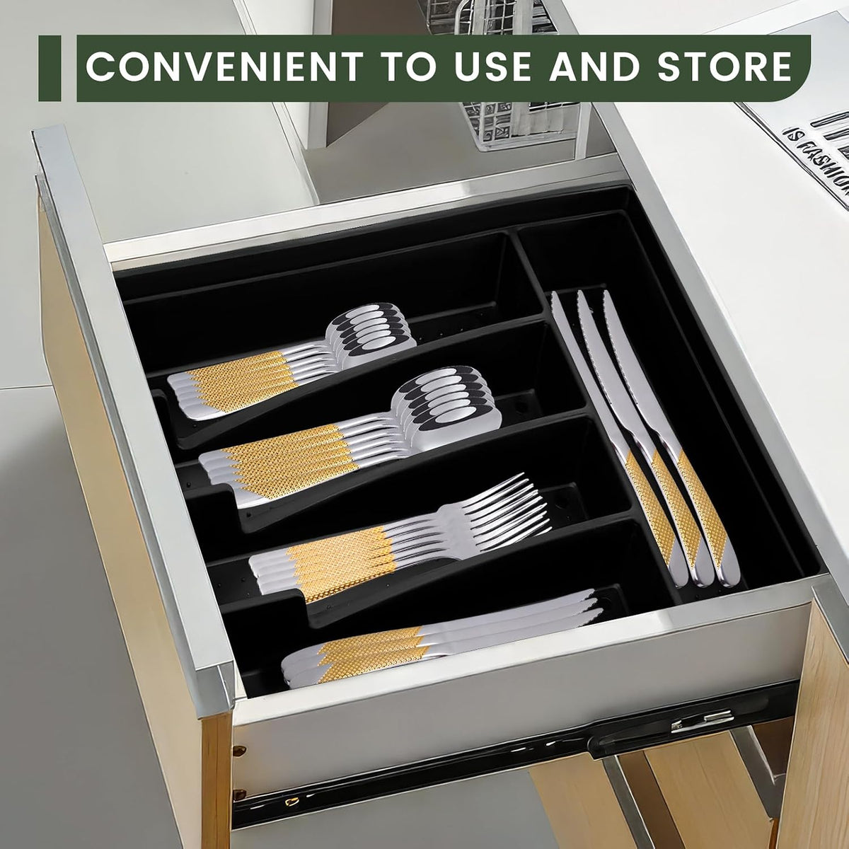 24-Piece Silverware Set with Organizer, Stainless Steel Flatware for 6, Cutlery Utensil Sets with Antiskid Handle, Rust-proof Stainless Steel Cutlery, Mirror Polished,Dishwasher Safe (Gold-silver)