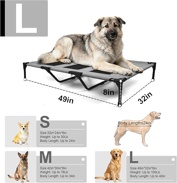 Raised Dog Bed Cooling Cot for Indoor Outdoor Use Portable Waterproof Mesh Pet Bed Washable for Large Medium Small Dogs, Grey