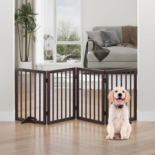Dog Gate, Freestanding Dog Gates for Doorways, Foldable Dog Gate Indoor, Pet Gates for Doorways Bedroom, Puppy Gate with Metal Support Feet, Room Divider 4 Panels (Brown)