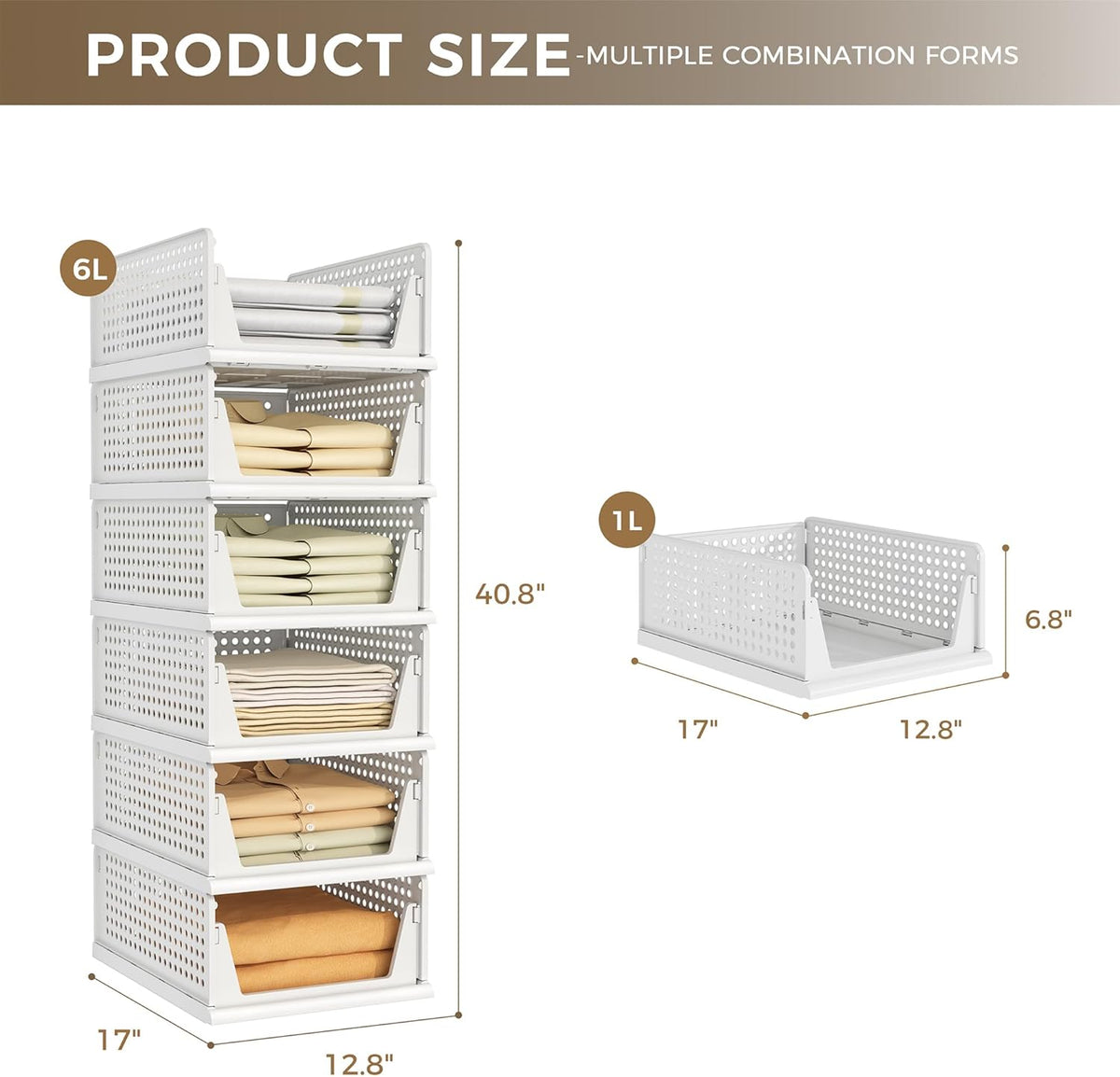 Pinkpum 6 Pack Closet Organizer Storage Bins Stackable Plastic Drawer Shelf