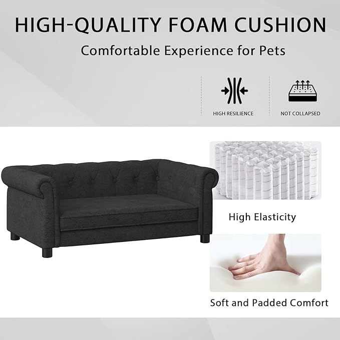 Elevated Rectangle Dog Sofa for Small & Medium Dogs - Comfortable Linen Fabric Dog Bed with Button Tufted Back, Durable Modern and Stylish Pet Bed for Living Room, Bedroom (Black)