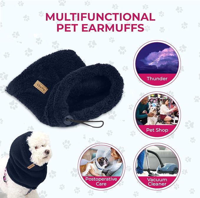 Dog Ear Muffs Noise Protection - Soft Calming Hood for Anxiety Relief, Fireworks, Thunder, Grooming & Vet Visits - Elastic Band & Comfortable Neck Warmer for Travel (Navy, Medium)