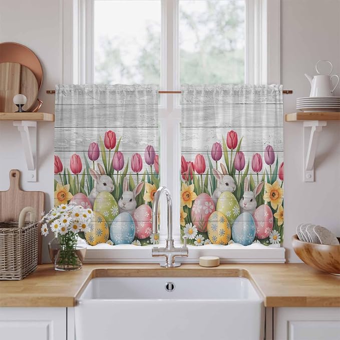 Easter Kitchen Tier Curtains 45 Inch Long 2 Panel Set, Rod Pocket Short Window