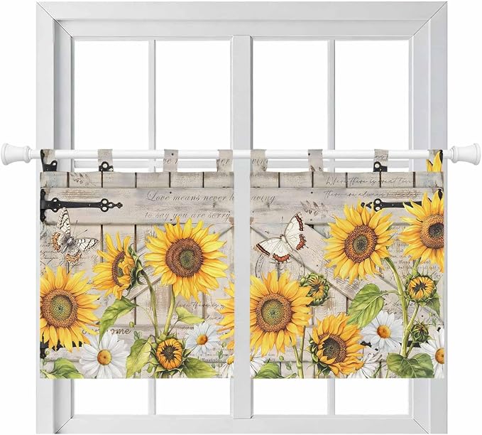 Farm Flowers Kitchen Curtains 24 Inch Length, Small Window Curtains Tab Top