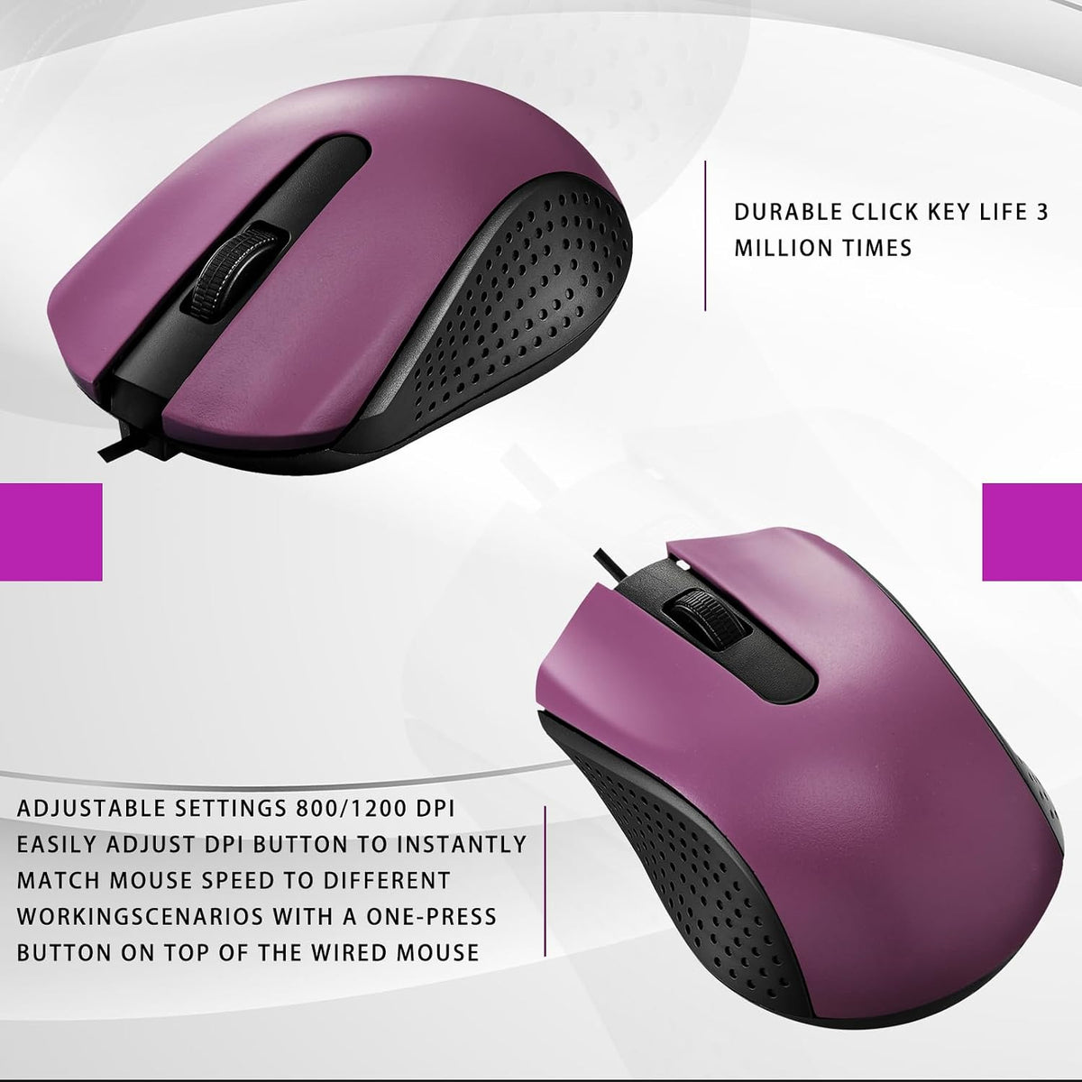 Bonuci 30 Pack Computer USB Wired Mouse Bulk 3 Button 800/1200 DPI Purple