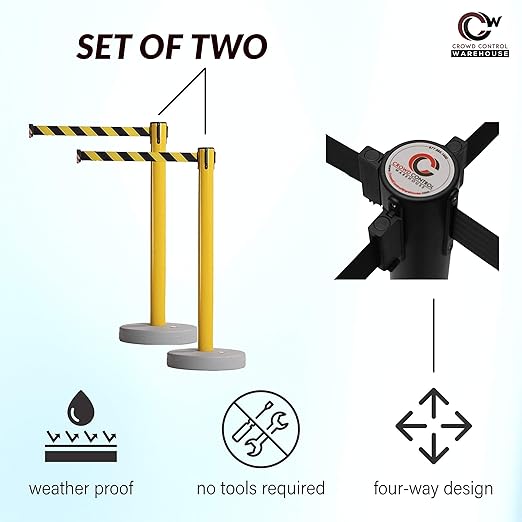 Crowd Control Warehouse - CCW Set of 2 Retractable Belt Barrier Stanchion, Water Fillable Base MSH630-11 Foot Belt, Yellow"Caution - DO NOT Enter" Black Letters with Black PVC Plastic Post