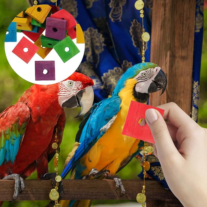 NOLITOY 100Pcs Wooden Parrot Chewing Toy Blocks with Hole Bird Bite Toy for Cockatiels Parakeets Macaws African Grey DIY Wood Chip Design for Pet Entertainment and Skill Development