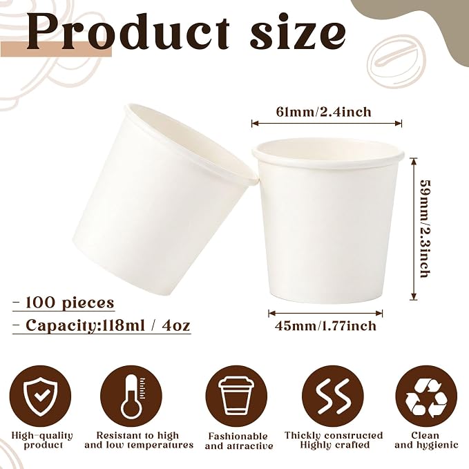 100 Pack 4oz Mini Coffee Cups Disposable Paper Cups Hot or Cold Beverage Cup