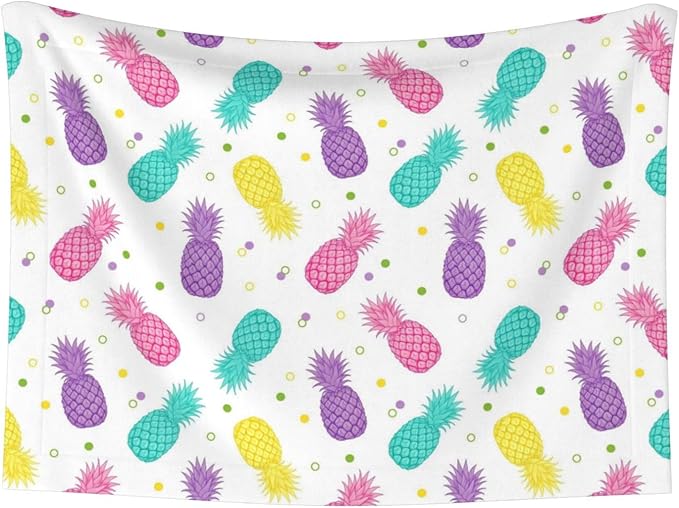 Reversible Plush Throw for Dogs and Cats, Colorful Tropical Summer Pineapple Print, Double Sided Blanket with Nubby Dot Side and Sleek Side Ideal for Cuddling Nesting Security