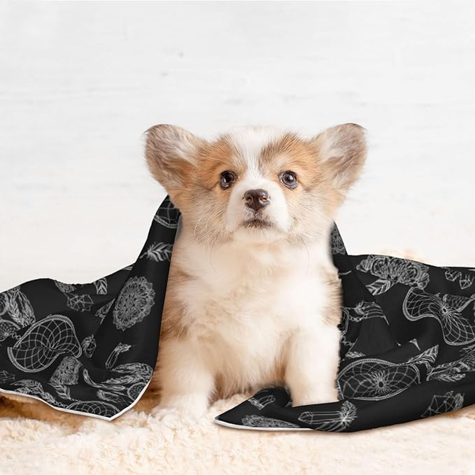 Double Sided Pet Mat for Dog Bed Topper Cat Blanket Furniture Protector, Black and White Mysterious Dream Catcher, Reversible Plush with Tactile Dot Pattern for Style Change