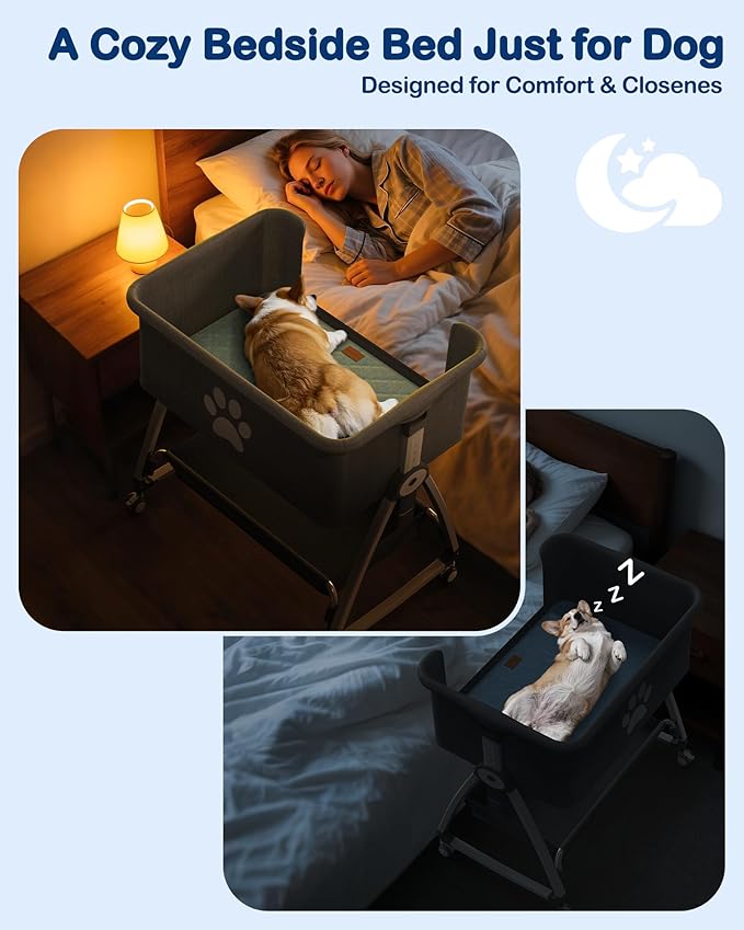 Bedside Dog Bed, 6-Height Adjustable Elevated Cat Bed for Small & Medium Puppy & Cat, Extension for Human Bed, Pet Bassinet with Removable & Washable Cover, Dogs Couch with Sides (30" L x 21" W)