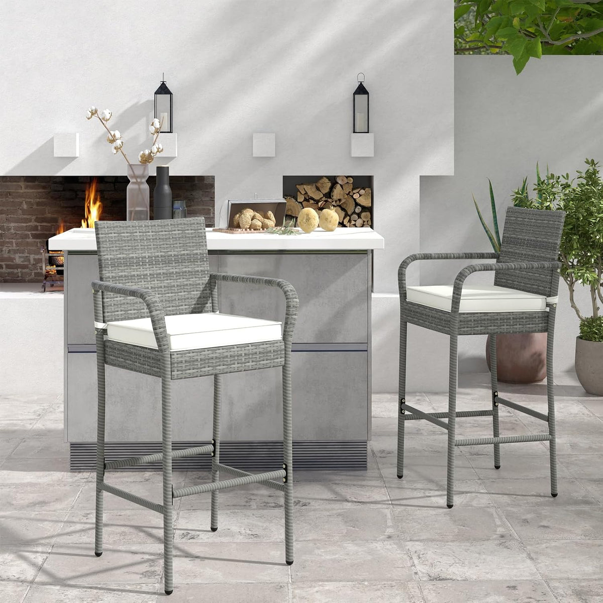 COSTWAY Patio Wicker Bar Stools Set of 2 with Cushions, Armrests, Footrests