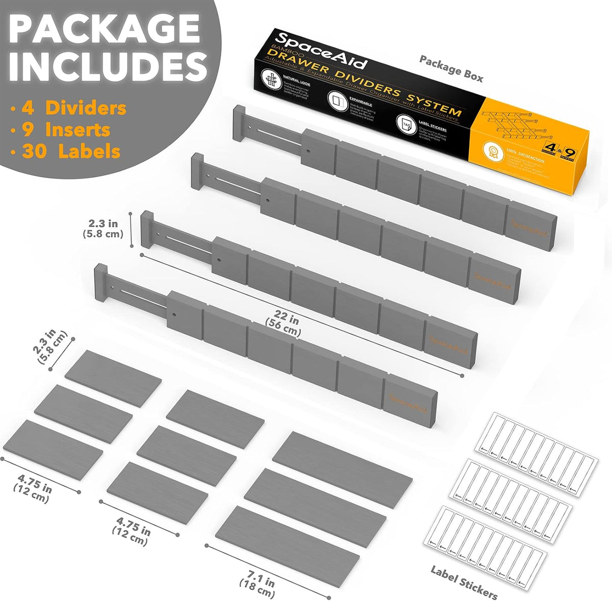 SpaceAid Bamboo Drawer Dividers with Inserts and Labels, Kitchen Adjustable Drawer Organizers, Expandable Organization for Home, Office, Dressers, 4 Dividers with 9 Inserts (17"-22" Gray)