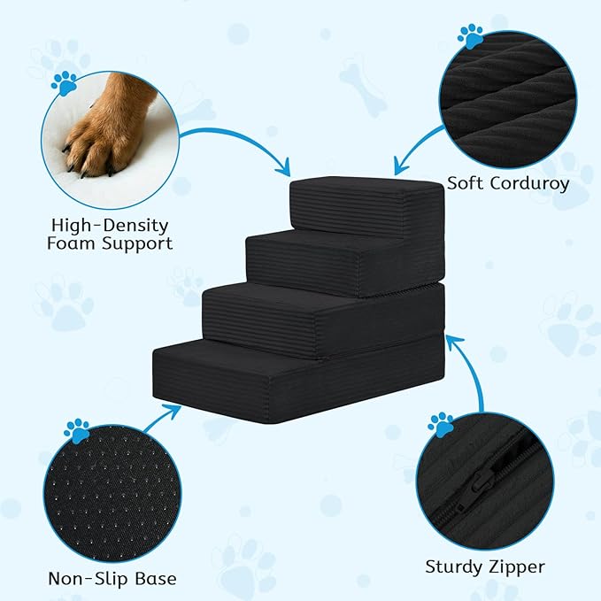 Dog Stairs for Small Dogs, 4 Step Pet Stairs for High Beds and Couch, Dog Steps for Bed Balanced 18" H, Foldable Pet Ramp for Large Cats Climb, Non-Slip Bottom Doggy Step, Black