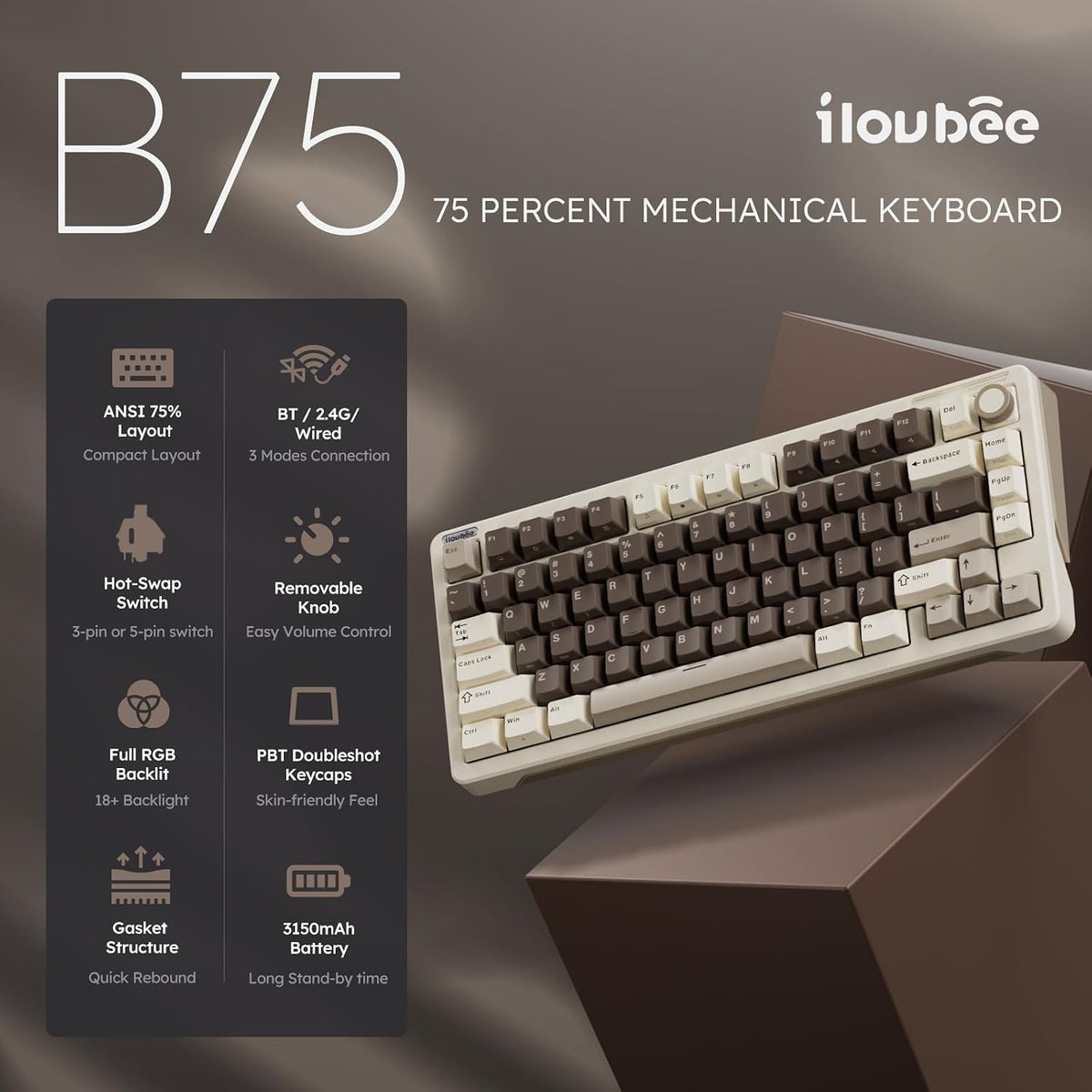 iLovBee B75 Wireless Mechanical Keyboard with Knob, Linear Switch, Mocha