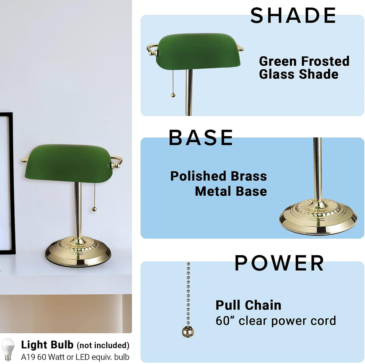 Catalina Lighting 13.5'' Traditional Banker's Lamp Light Fixture with Green Glass Cylinder Shade for Office, Library, Living Room, or Dorm, Polished Brass