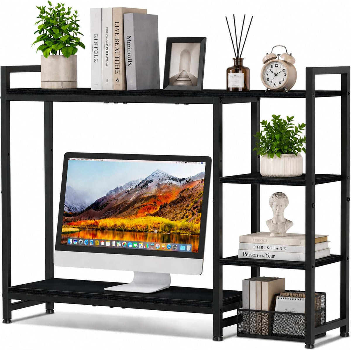 Snughome Adjustable Desk Shelf with Monitor Stand, 38.6" Desktop Organizer Hutch, Height Adjustable Computer Monitor Riser & 4 Tier Storage Bookshelf for Home Office Dorm, Black