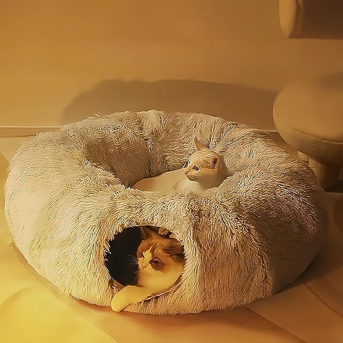 Cat Bed, Tunnel cat Bed, Foldable Furry cat Bed, Grey (33.46 inches), with Hanging Toys, Suitable for Multiple Cats Machine Washable
