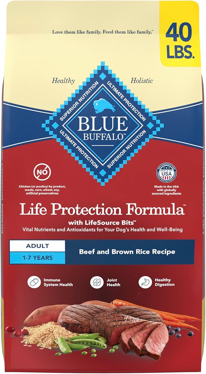 Blue Buffalo Life Protection Formula Adult Dry Dog Food, Helps Build and Maintain Strong Muscles, Made with Natural Ingredients, Beef & Brown Rice Recipe, 40-lb Bag