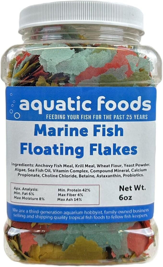Aquatic Foods Inc. Marine Fish Flakes of Red & Green Algae, Seaweeds for Tangs, Butterflies, Angelfish, Anthias, Clown Fish, Damsels...WL 6oz Med Jar