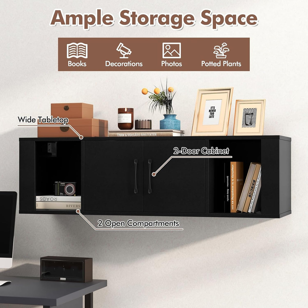 GIANTEX Wall Mounted Storage Cabinet, 2 Cube Floating Desk with Doors,Black