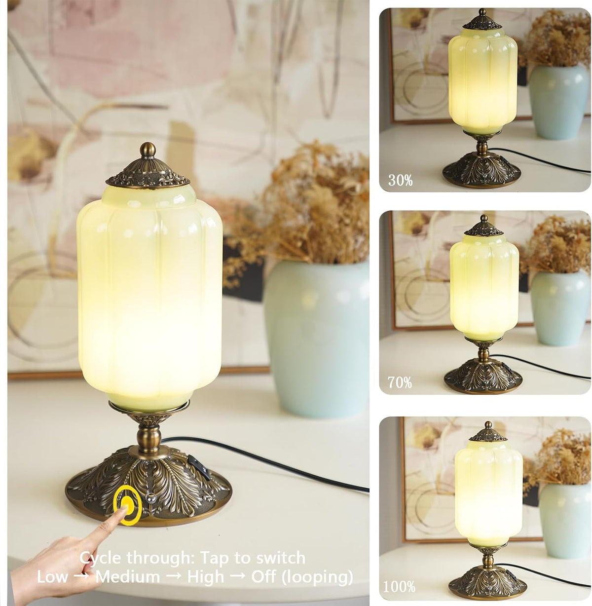 Vintage Milk Glass Table Lamp, Antique Brass Touch Desk Lamp, Green 3-Way
