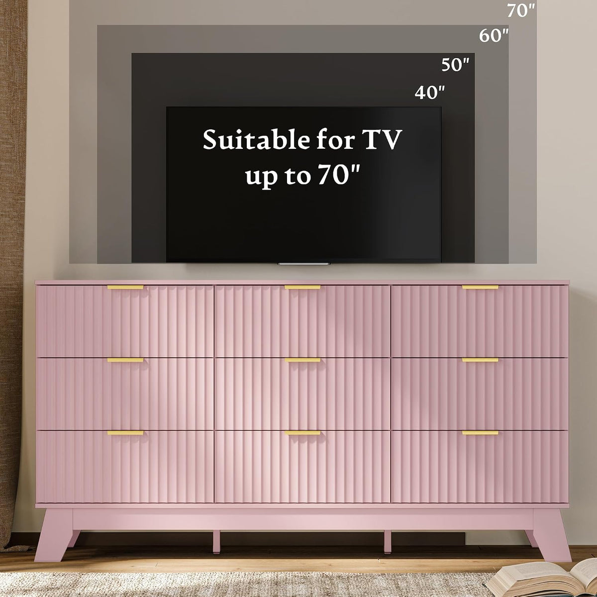 HUANLEGO Fluted Dresser for Bedroom with 9 Drawers, Pink