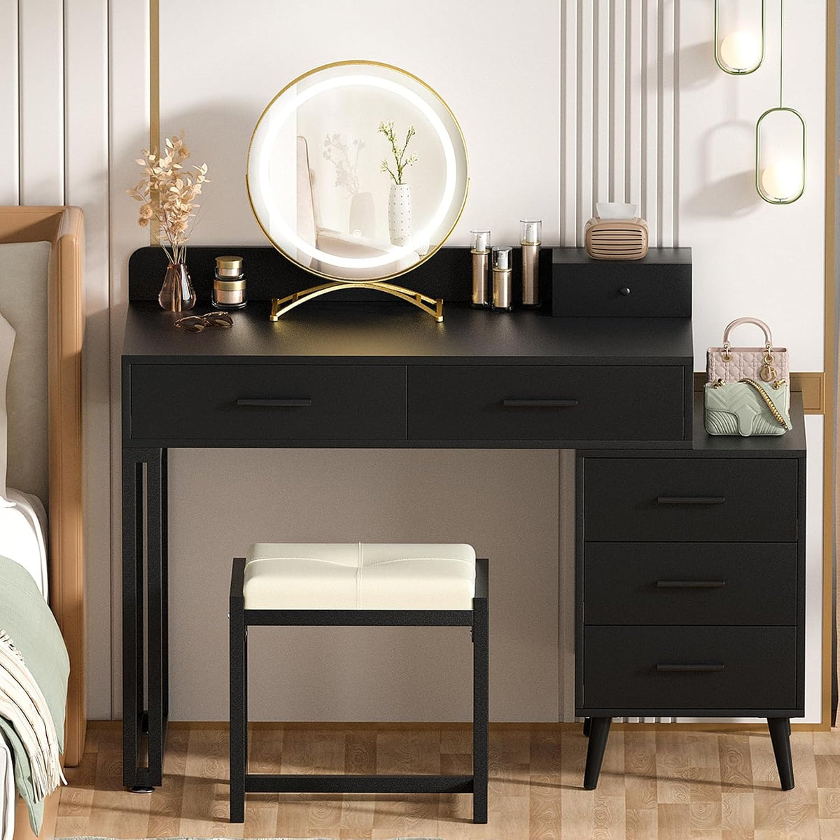 Armocity Black Vanity Desk with Mirror and Lights, Modern Makeup Vanity Table Set with 6 Storage Drawers and Cushioned Stool for Bedroom, Dressing Table with Divided Organizers for Women Girls, Black
