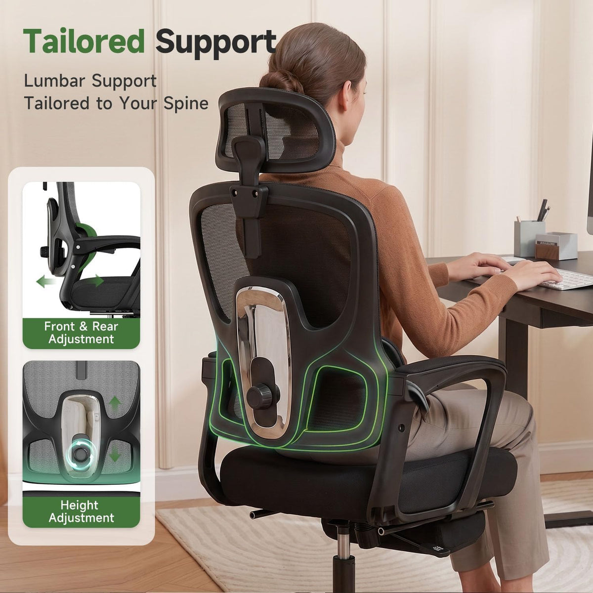 Ergonomic Office Chair with Footrest, 90-145° Reclining Desk Chair