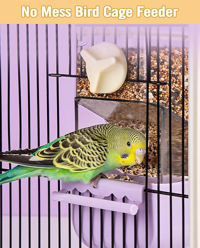 BNOSDM No Mess Bird Cage Feeders Automatic Bird Feeder Parrot Cage Accessories Transparent Seed Food Container with Perch for Finches, Parakeets, Budgies, Lovebirds, Cockatoos, Canaries（Purple）