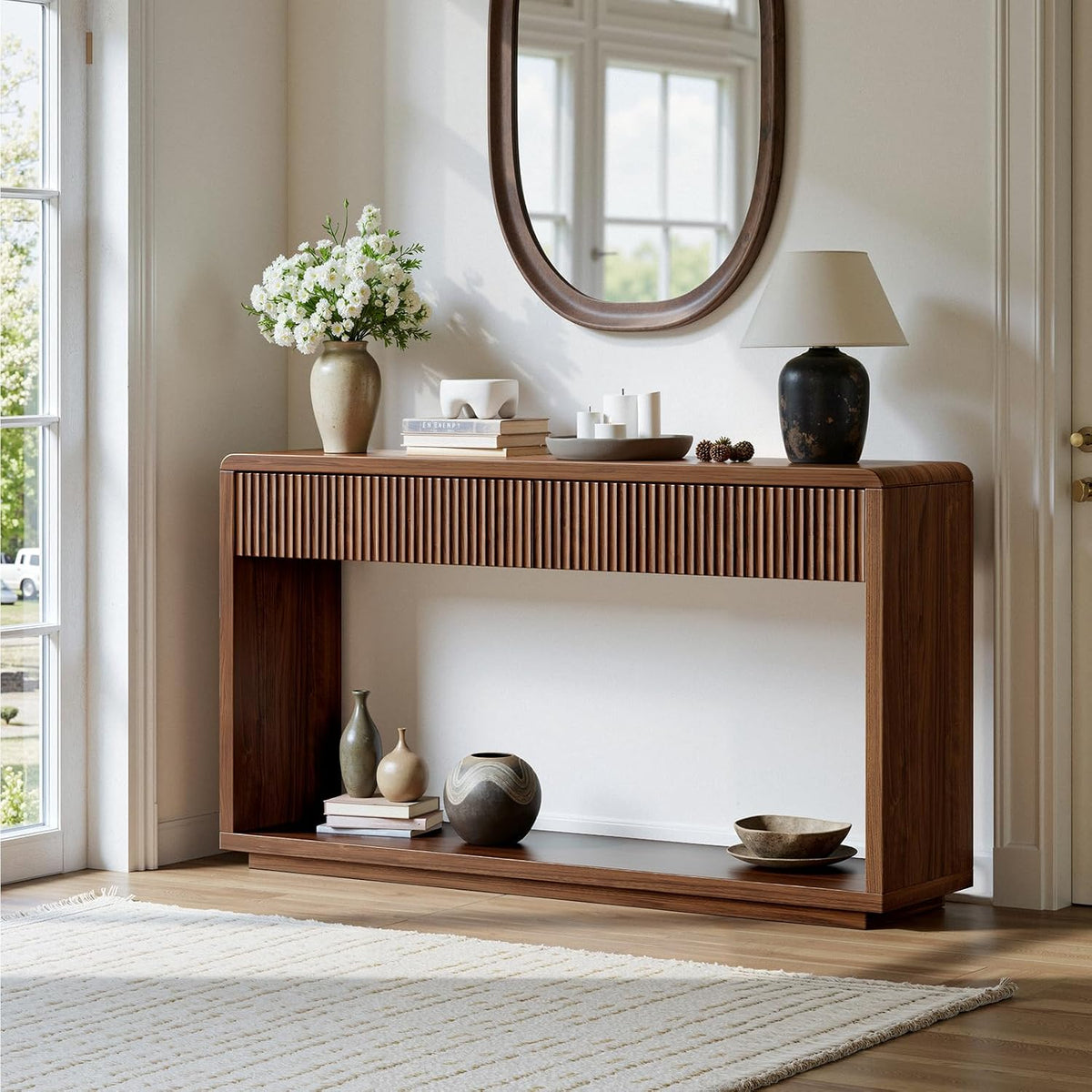 Evermagin 59'' Walnut Console Table with Drawers, Sofa Table with Storage