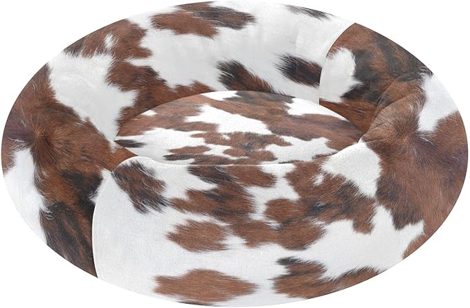 Round Cat Bed Dog Bed,13in Cow Print Washable Non-Slip Bottom Soft Pet Bed for Small Medium Dogs and Cats