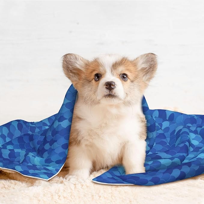 Double Sided Plush Pet Blanket with Cozy Dot Texture and Smooth Reverse, Blue Mermaid Scales, Reversible Throw for Dogs Cats on Couches Beds Crates