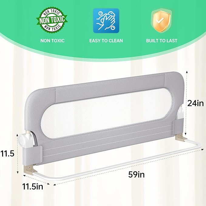 Folding Bed Rail for Toddlers,Baby Bed Rail Guard with Reinforced Anchor Safety System,Fit Bunk,Full Size,Queen,King,Twin(Grey,59"x23.6")