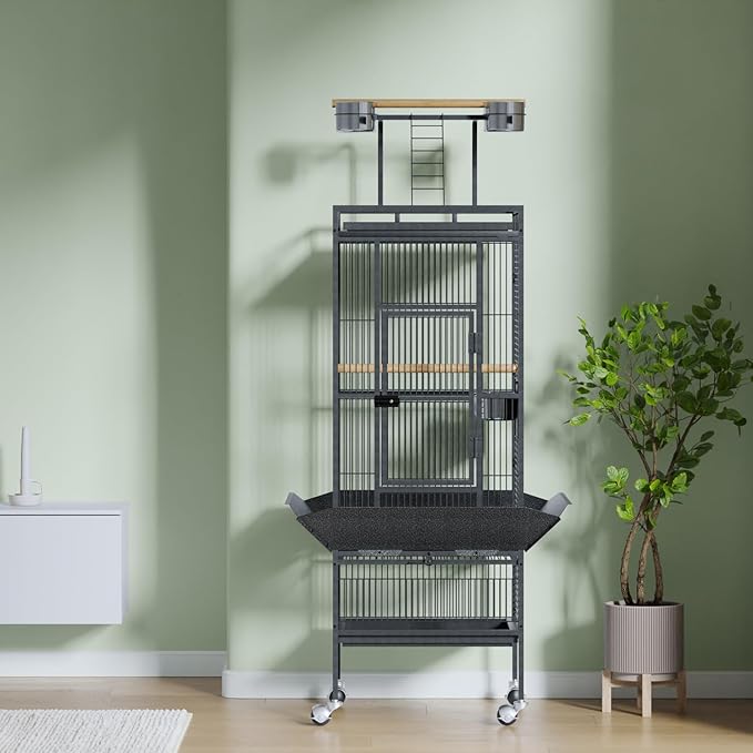 61" Cockatiel Cage, Flight Cage with Rolling Stand, Play Top & Bowls - Metal Large Bird Cages for Parakeets, Conures, Parrots - Exploding Silver