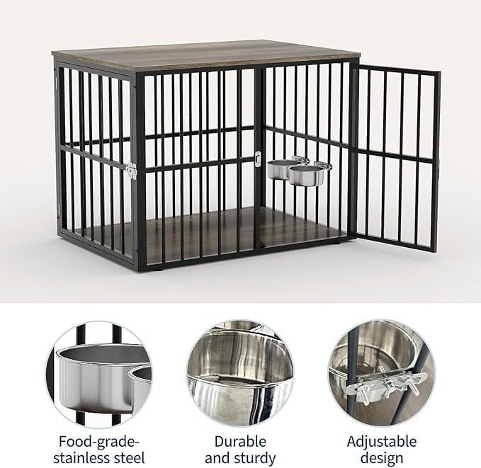 43 Inch Wooden Indoor Dog Crate Side Table, Furniture-Style Dog Kennel with Double Door Entry and Adjustable Built-in Food Bowls, Heavy-Duty Decorative Pet Cage for Medium and Large Dogs