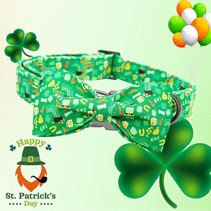 Lionheart glory Dog Bow Collar St. Patrick's Day Dog Collar for Medium Dogs, Adjustable Green Collars Lucky Clover Shamrock Dog Collar with Bowtie Pet Collar Bows