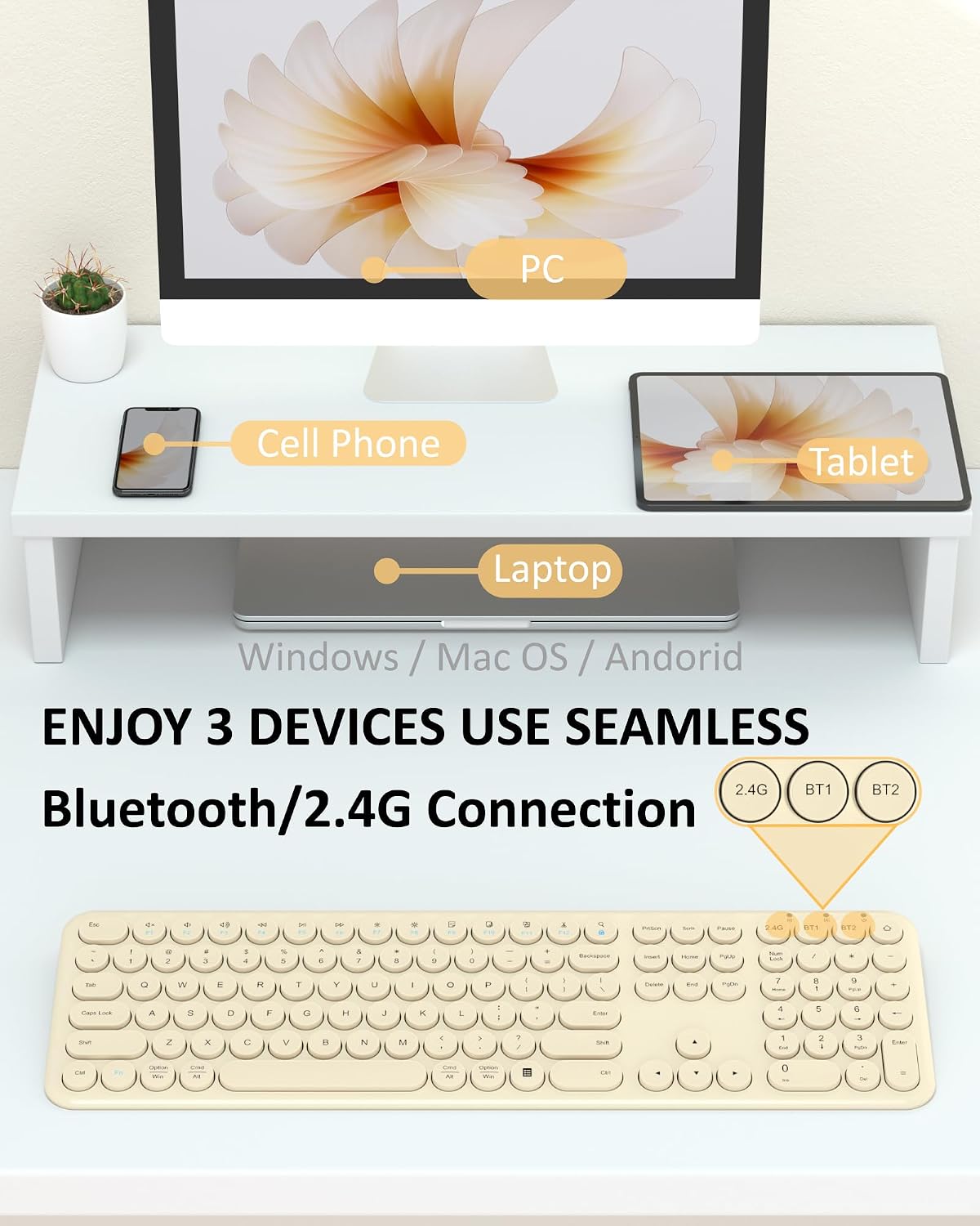 Quiet Wireless Keyboard, Round Keycaps, Low Profile Slim Design (Khaki)