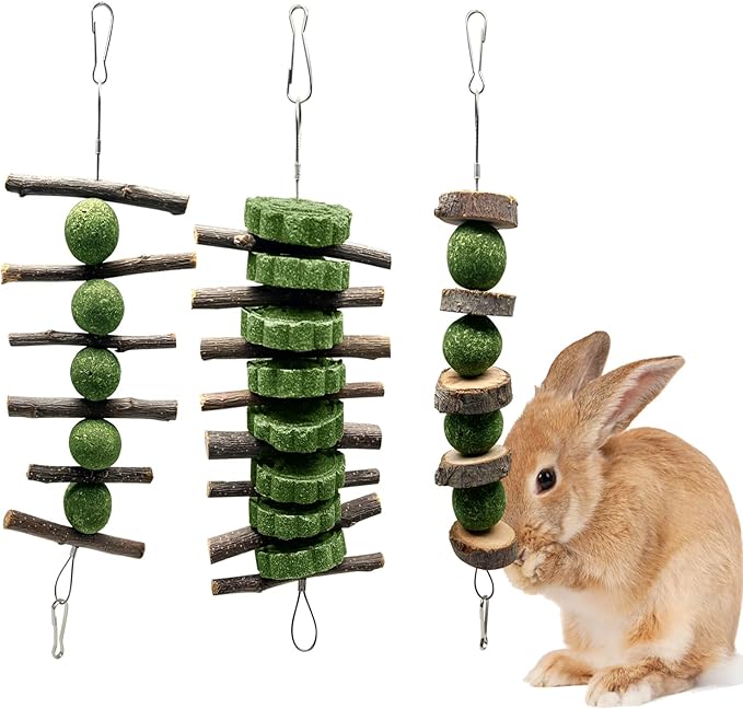 BallHull 3 Pcs Bunny Teeth Grinding Chew Toys, Apple Branch Chewing Sticks with Grass Ball and Grass Cake for Rabbits Bunnies Hamsters Guinea Pigs