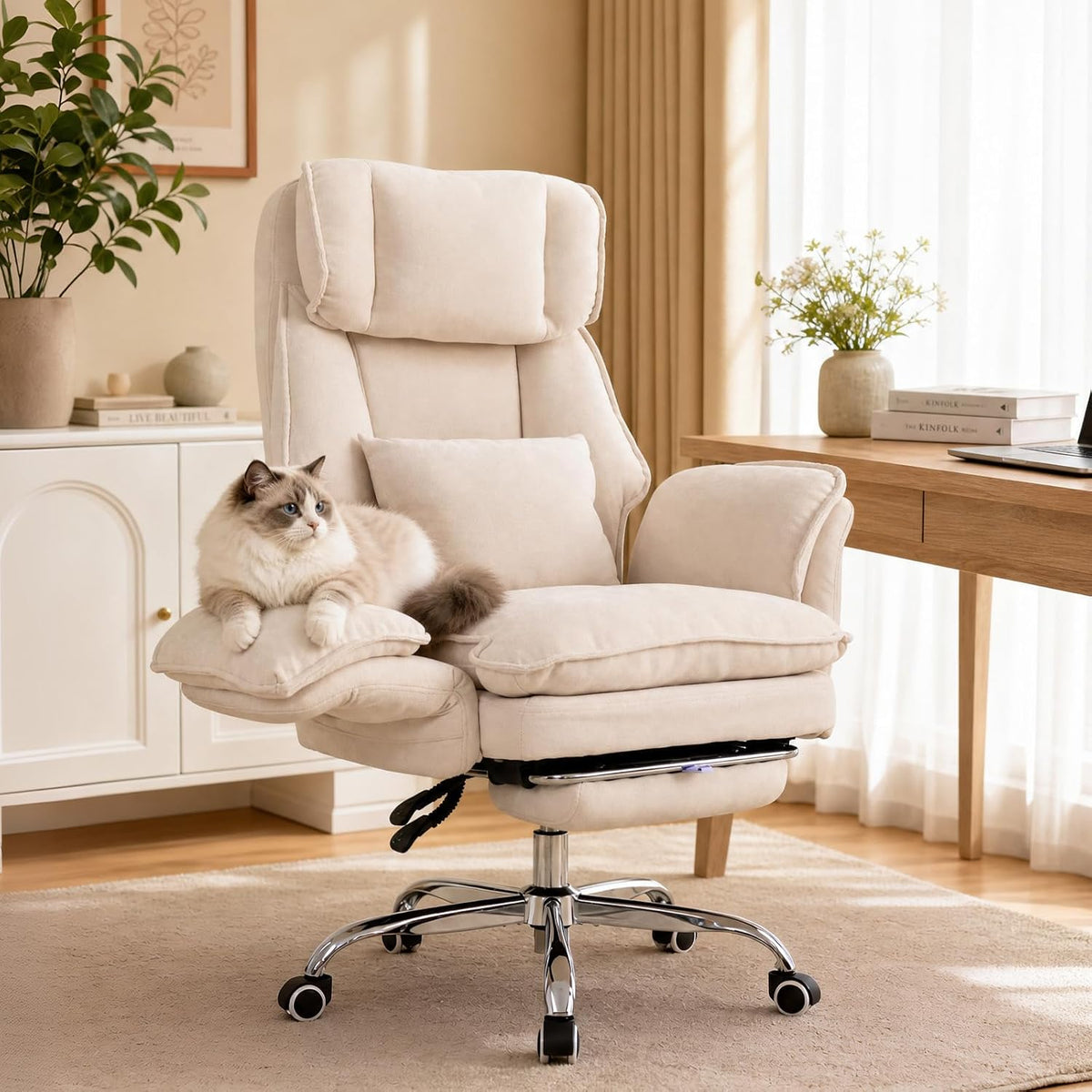 Office Chair with Flip Armrests & Foot Rest,Criss Cross Legged Home Office Desk Chair with Pet Seat,Ergonomic Reclining Computer Gaming Chair,High Back Executive Chair with Lumbar Pillow(White)