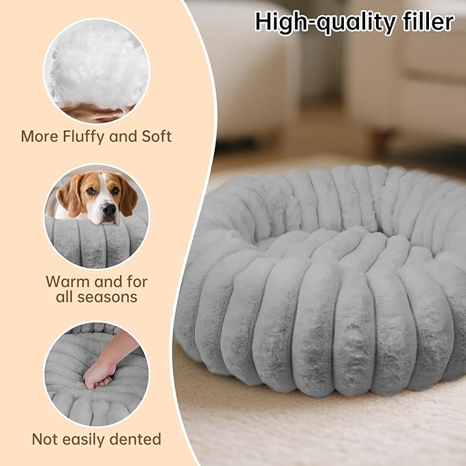Donut Dog and Cat Bed, Luxurious Comfortable Faux Rabbit Fur Pet Beds, Round Anti-Anxiety Calming Puppy Kitten Bed with Anti-Slip Bottom for Small Medium Dogs & Cats(31", Grey)