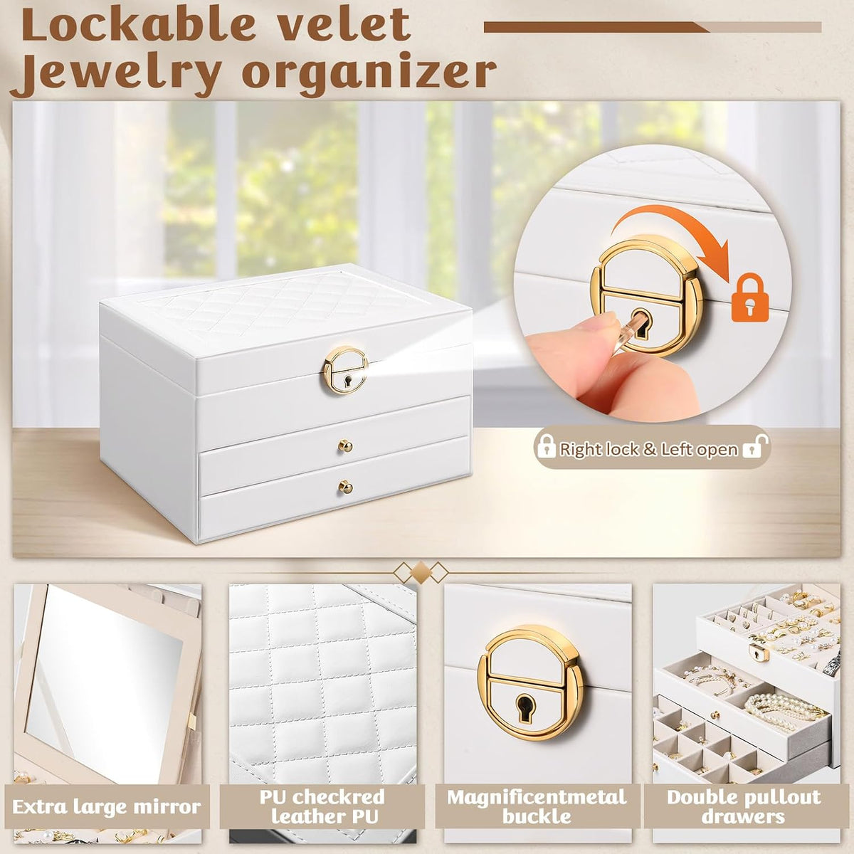 3 Layer Jewelry Boxes for Women with Mirror Large Jewelry Organizer Box with 2 Jewelry Organizer Drawer PU Lockable Elegant Unique Gifts for Women, White