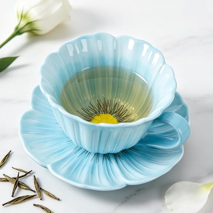 8.8 oz Tea Cups and Saucers, Flower-Shaped Ceramic Latte Art Cappuccino Cup and