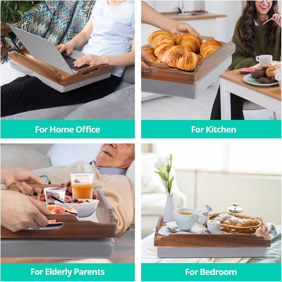 DRELIFAM Lap Desk with Cushion,Wooden Bed Tray Table for Eating,Lap Tray in Recliner,Breakfast Tray,TV Dinner Bed Food Trays (Acacia Wood A)